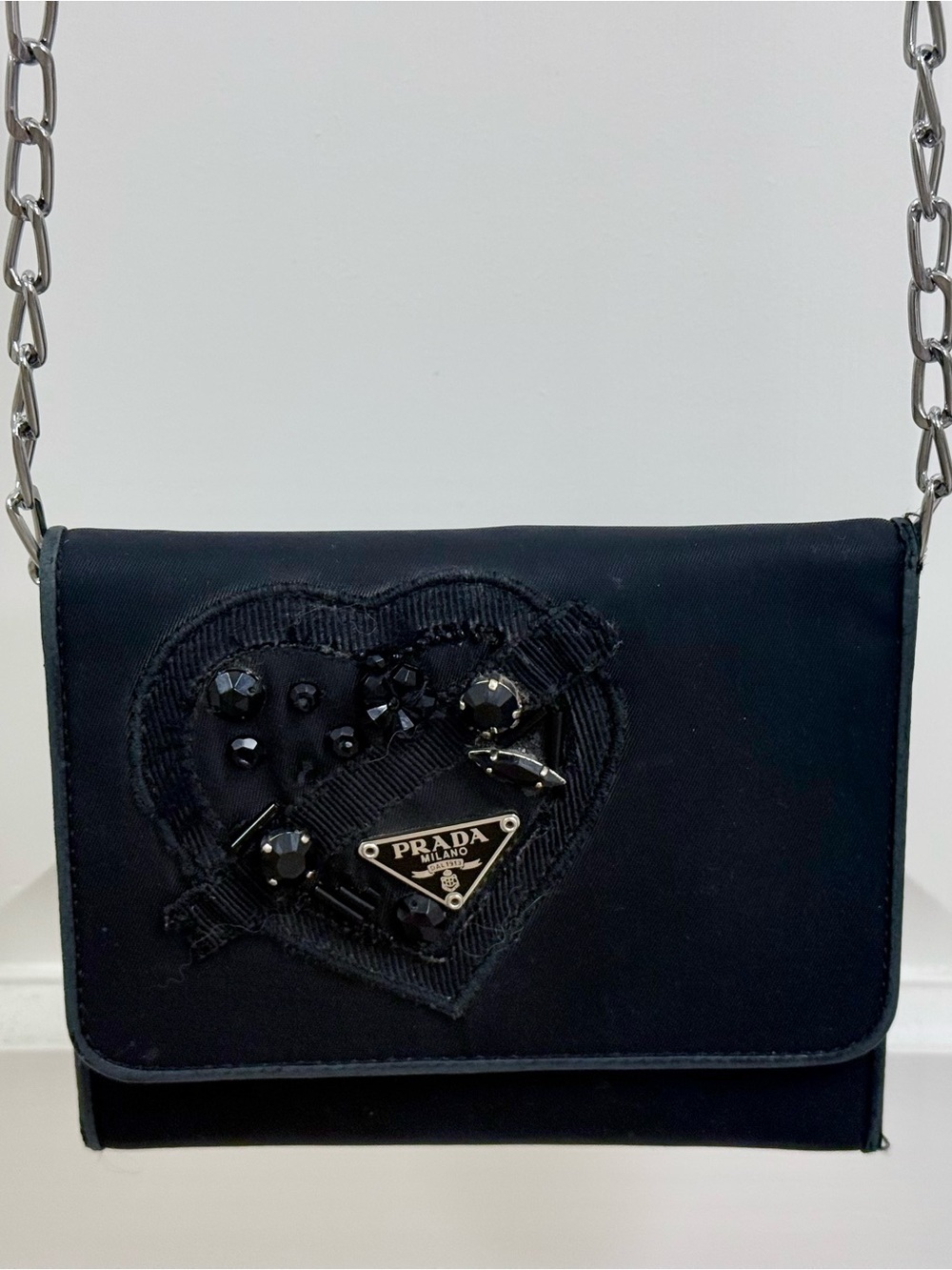 PRADA Vintage Y2K Rare Black Nylon Crystal Heart Beaded Wallet W/ Added Chain
